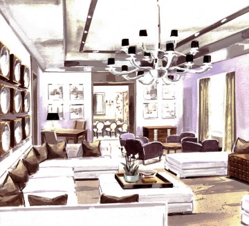 Watercolor rendering of showroom